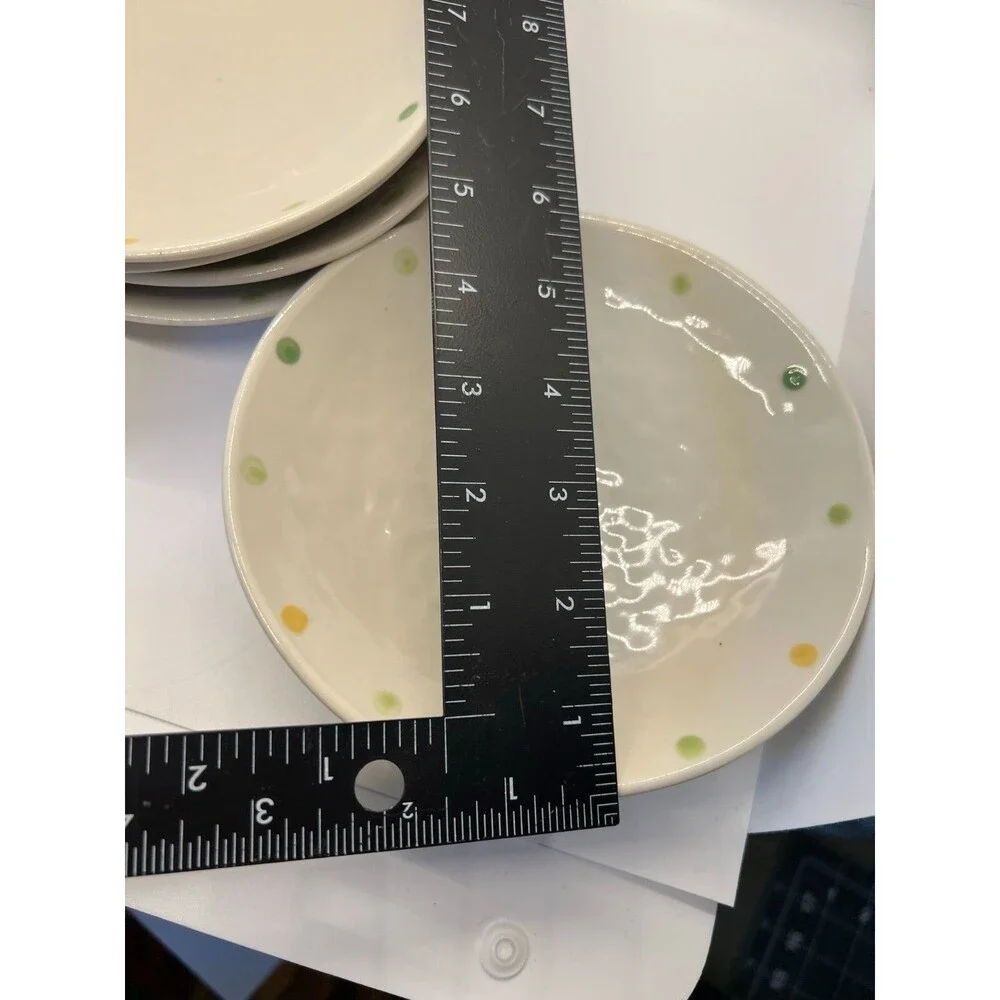 Vintage Set of 6 small cream off white plates polka dots green yellow 1732